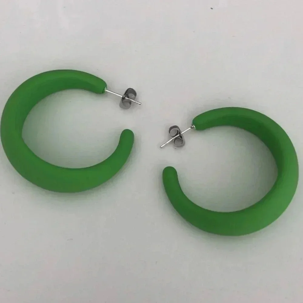 Lime Green Large Silicone & Stainless Steel Retro Hoop Earrings NWT
